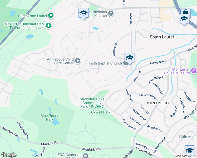 map of restaurants, bars, coffee shops, grocery stores, and more near 8406 Snowden Loop Court in Laurel