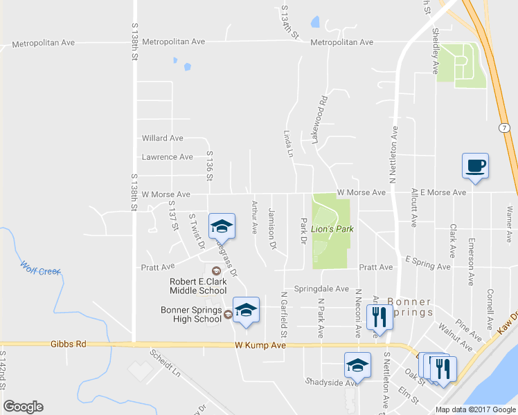 map of restaurants, bars, coffee shops, grocery stores, and more near 457 Arthur Ave in Bonner Springs