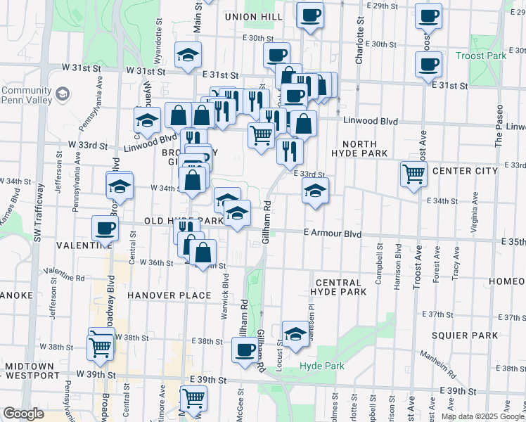 map of restaurants, bars, coffee shops, grocery stores, and more near 3430 Gillham Road in Kansas City