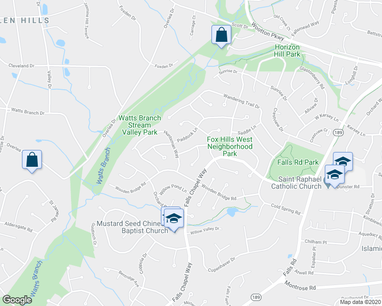 map of restaurants, bars, coffee shops, grocery stores, and more near 9104 Hunting Horn Lane in Potomac