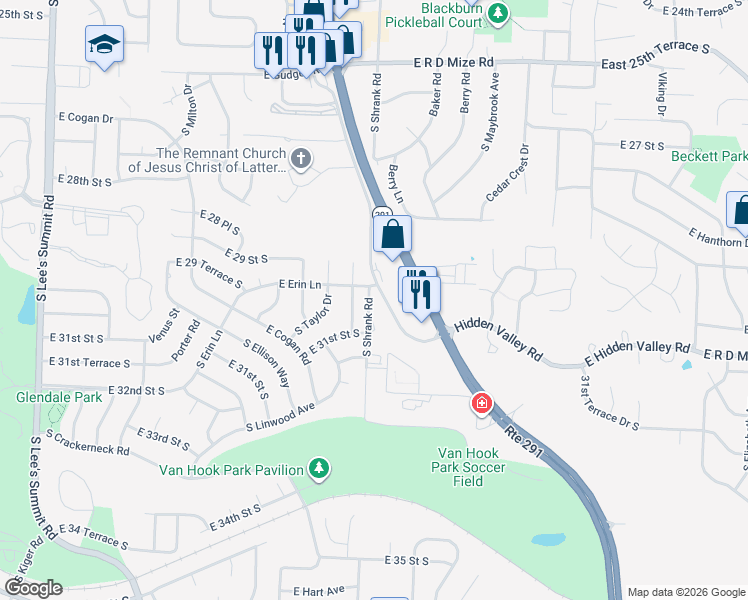 map of restaurants, bars, coffee shops, grocery stores, and more near 3005 South Shrank Road in Independence