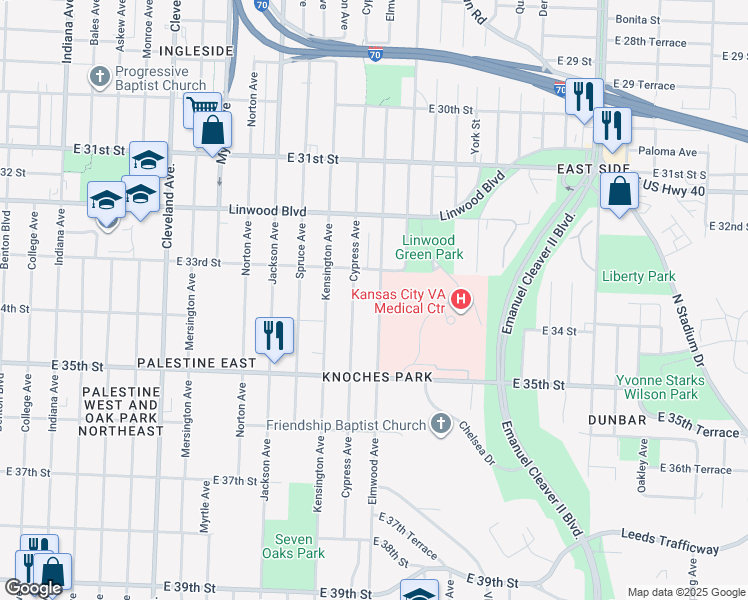 map of restaurants, bars, coffee shops, grocery stores, and more near 3326 Elmwood Avenue in Kansas City