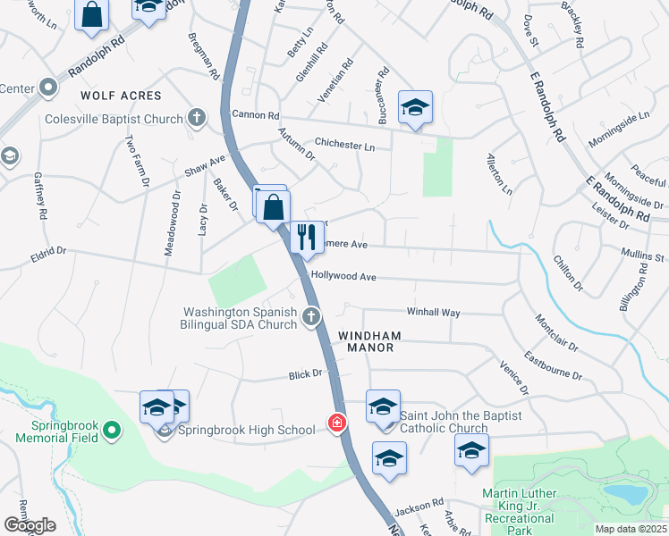 map of restaurants, bars, coffee shops, grocery stores, and more near 612 Hollywood Avenue in Silver Spring