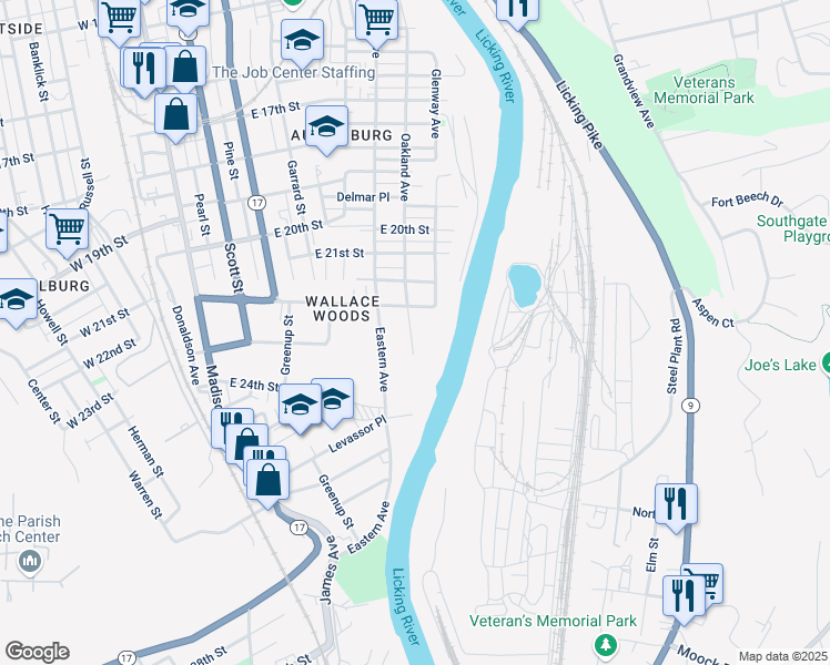 map of restaurants, bars, coffee shops, grocery stores, and more near 2218 Oakland Avenue in Covington