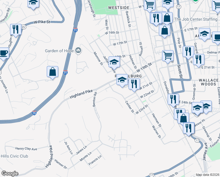 map of restaurants, bars, coffee shops, grocery stores, and more near 1915 Franklin Street in Covington