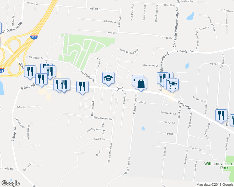 map of restaurants, bars, coffee shops, grocery stores, and more near 747 Ohio Pike in Cincinnati