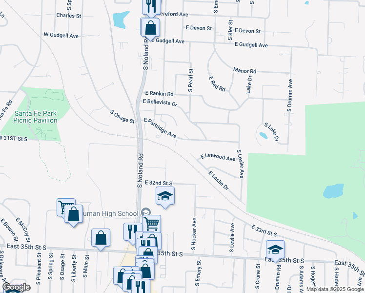 map of restaurants, bars, coffee shops, grocery stores, and more near 321 East Partridge Avenue in Independence