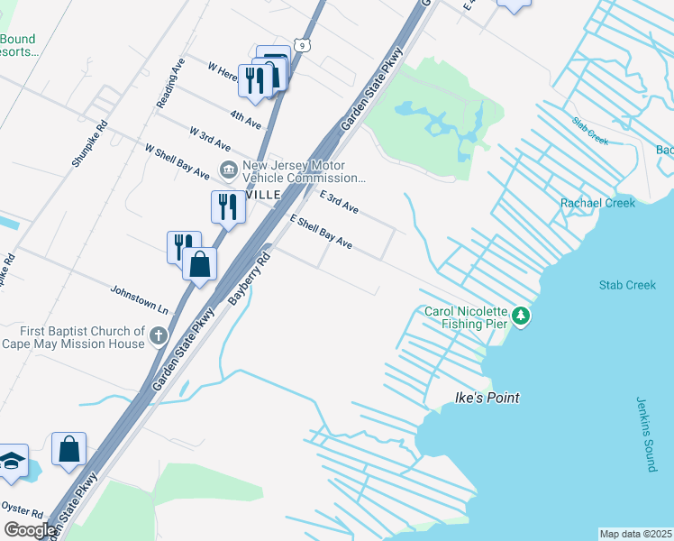 map of restaurants, bars, coffee shops, grocery stores, and more near 306 East 1st Avenue in Middle Township