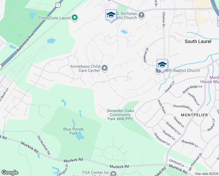 map of restaurants, bars, coffee shops, grocery stores, and more near 12706 North Point Lane in Laurel