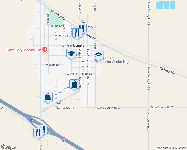 map of restaurants, bars, coffee shops, grocery stores, and more near 209 East 8th Street in Quinter