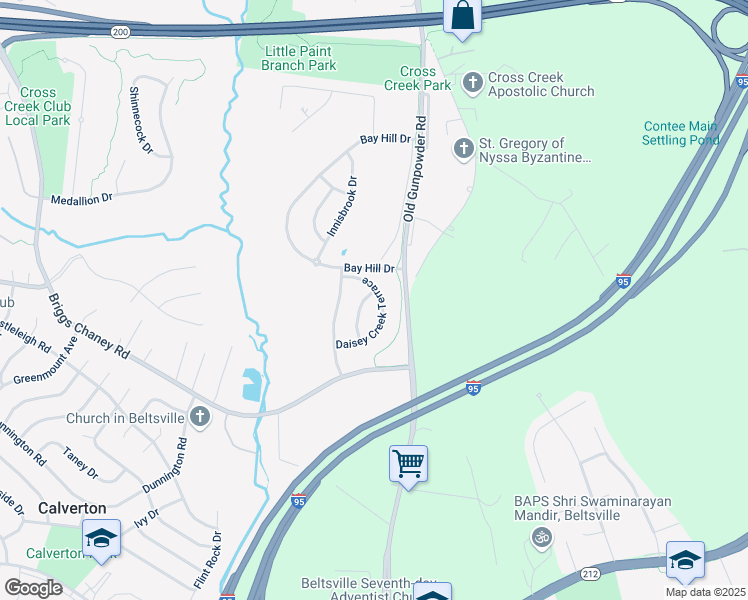 map of restaurants, bars, coffee shops, grocery stores, and more near 4920 Daisey Creek Terrace in Beltsville