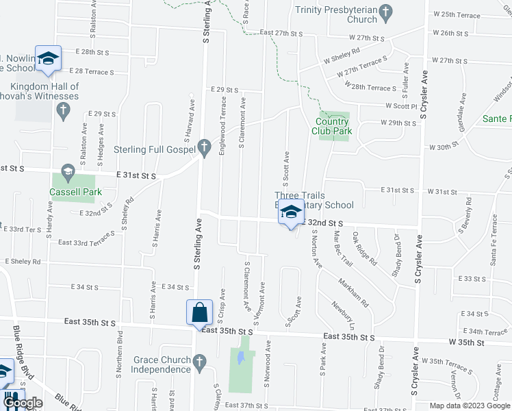 map of restaurants, bars, coffee shops, grocery stores, and more near 3112 South Vermont Avenue in Independence