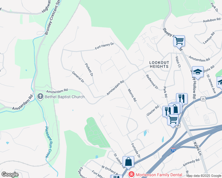 map of restaurants, bars, coffee shops, grocery stores, and more near 1733 Amsterdam Road in Fort Wright
