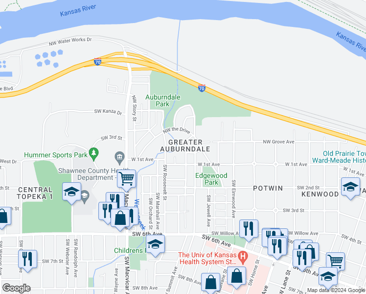map of restaurants, bars, coffee shops, grocery stores, and more near 133 Northwest Franklin Avenue in Topeka