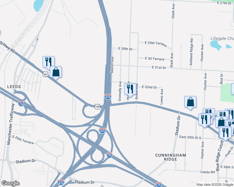 map of restaurants, bars, coffee shops, grocery stores, and more near 3218 Donnelly Avenue in Kansas City