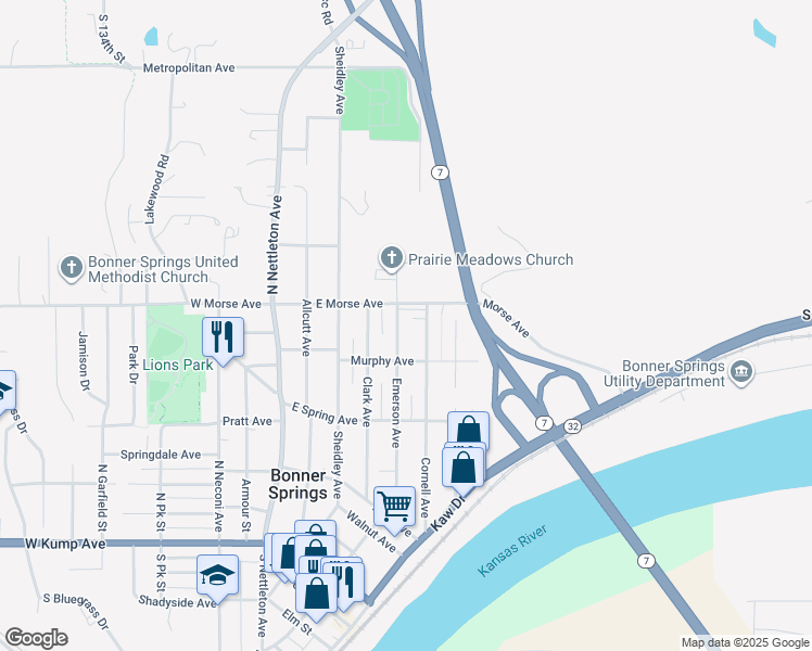 map of restaurants, bars, coffee shops, grocery stores, and more near 333 Emerson Avenue in Bonner Springs