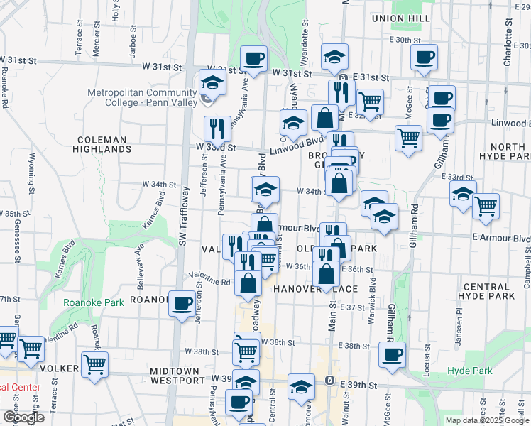 map of restaurants, bars, coffee shops, grocery stores, and more near 3435 Broadway Boulevard in Kansas City