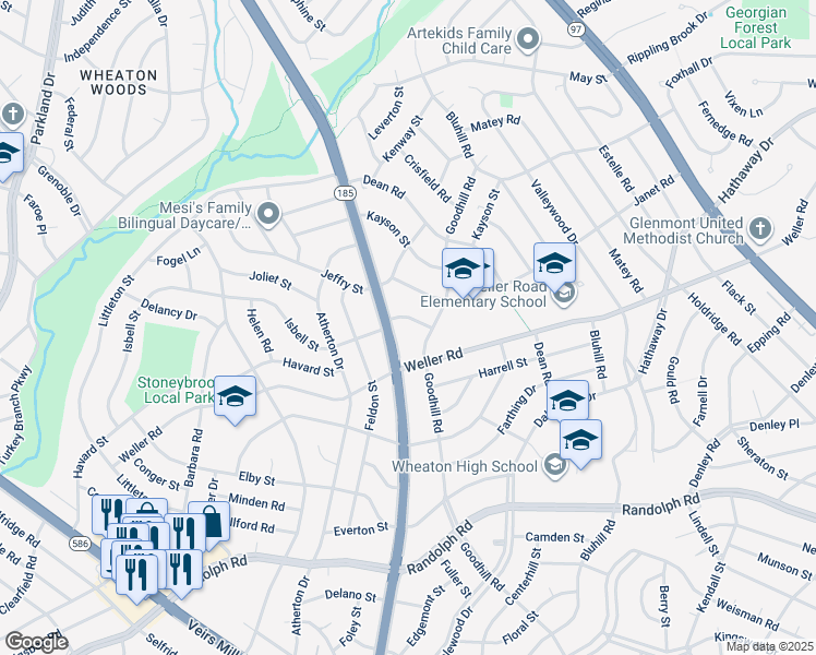 map of restaurants, bars, coffee shops, grocery stores, and more near 3606 Isbell Street in Silver Spring