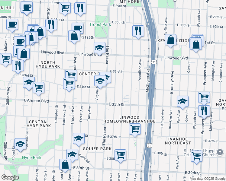 map of restaurants, bars, coffee shops, grocery stores, and more near 3404 Flora Avenue in Kansas City