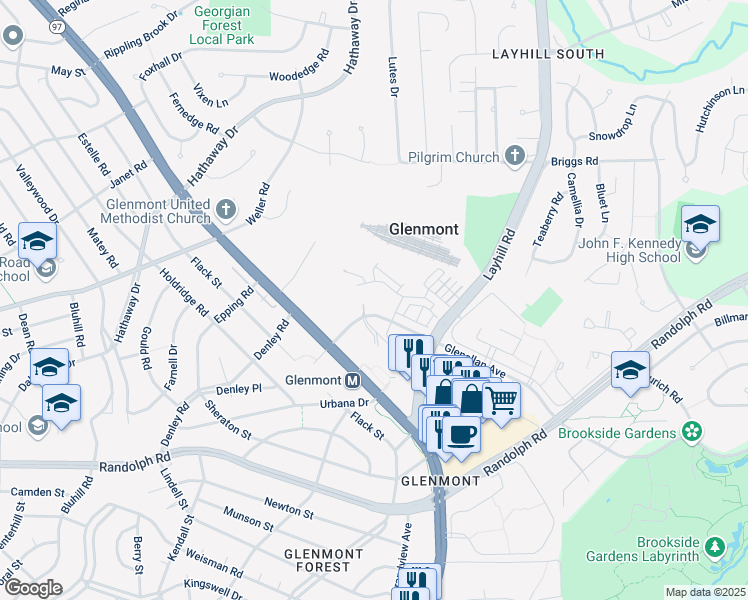 map of restaurants, bars, coffee shops, grocery stores, and more near 2511 Glenallan Avenue in Silver Spring