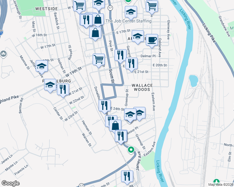 map of restaurants, bars, coffee shops, grocery stores, and more near 2217 Scott Street in Covington