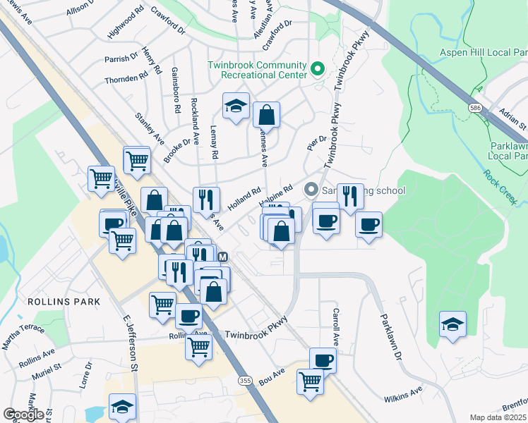 map of restaurants, bars, coffee shops, grocery stores, and more near 5906 Halpine Road in Rockville