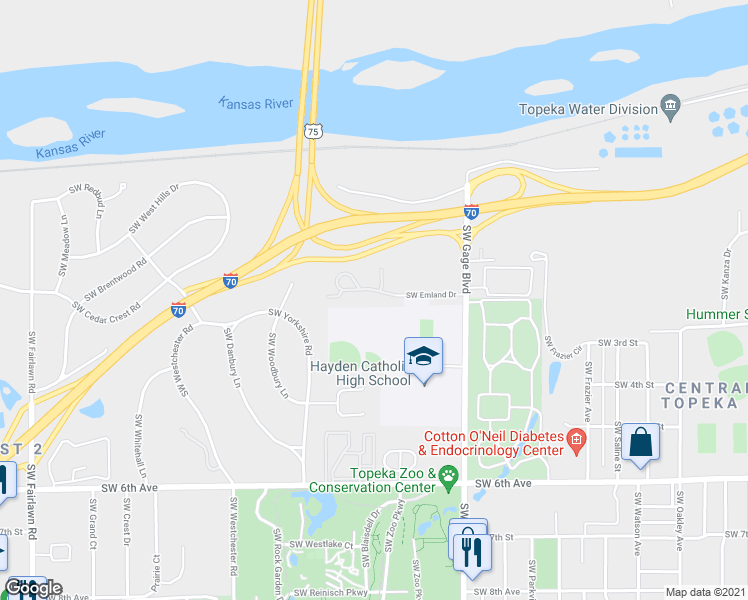 map of restaurants, bars, coffee shops, grocery stores, and more near 4129 Southwest Emland Drive in Topeka
