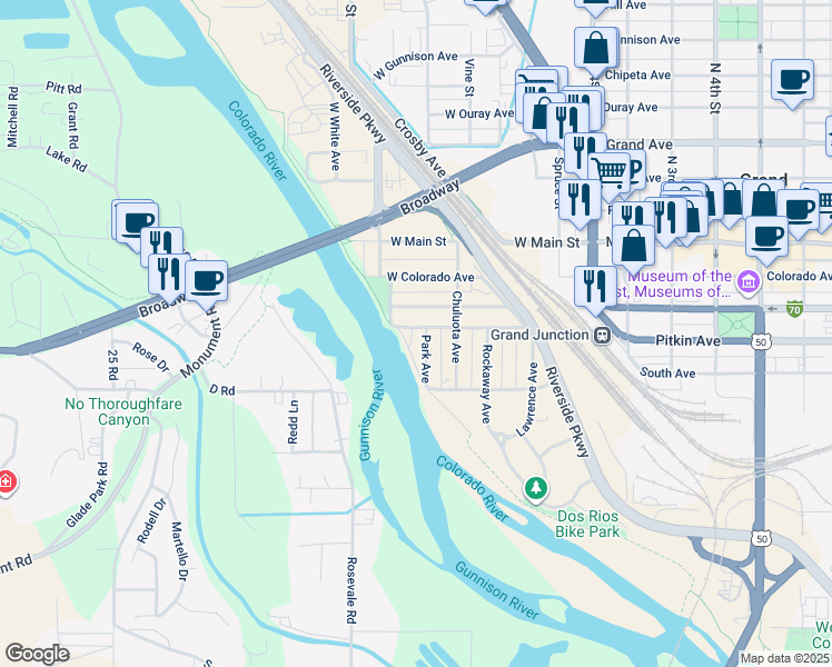 map of restaurants, bars, coffee shops, grocery stores, and more near 417 Park Ave in Grand Junction