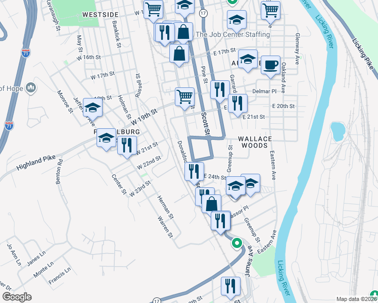map of restaurants, bars, coffee shops, grocery stores, and more near 2231 Madison Avenue in Covington
