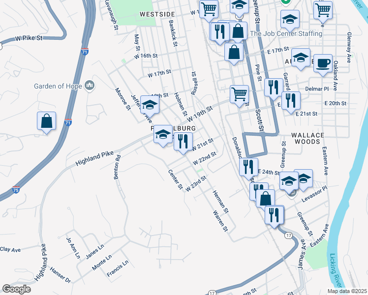 map of restaurants, bars, coffee shops, grocery stores, and more near 318 West 21st Street in Covington