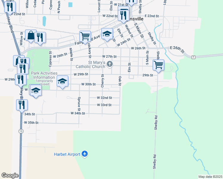 map of restaurants, bars, coffee shops, grocery stores, and more near 307B West 31st Street in Higginsville