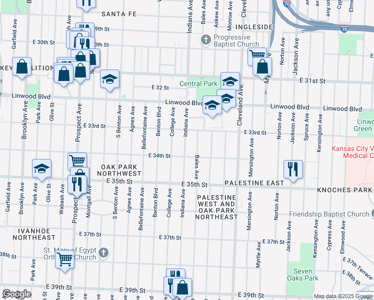 map of restaurants, bars, coffee shops, grocery stores, and more near 3345 Indiana Avenue in Kansas City