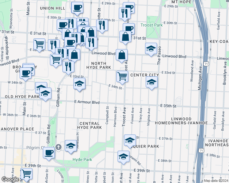 map of restaurants, bars, coffee shops, grocery stores, and more near 3424 Harrison Street in Kansas City