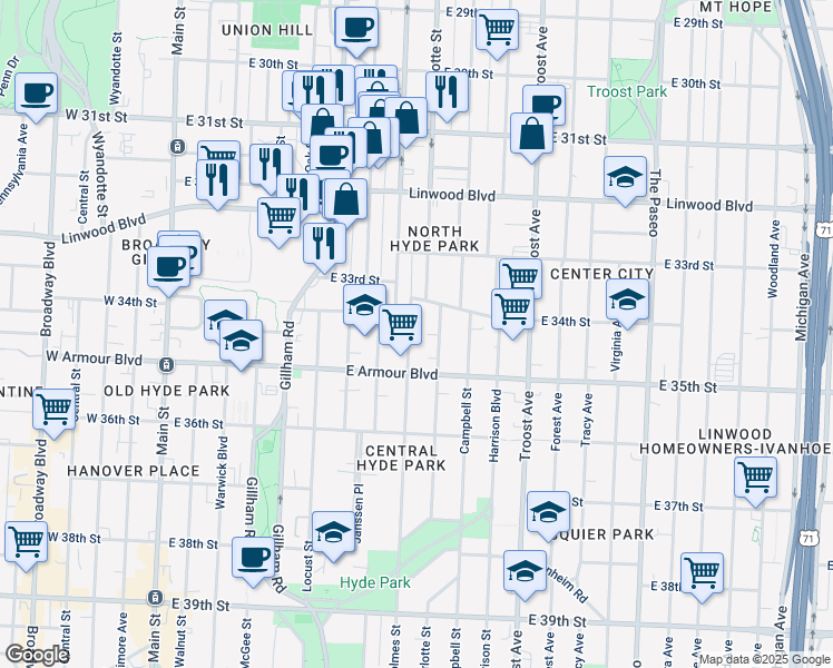 map of restaurants, bars, coffee shops, grocery stores, and more near 3422 Holmes Street in Kansas City