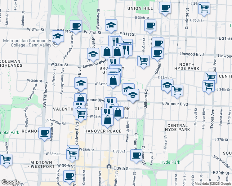 map of restaurants, bars, coffee shops, grocery stores, and more near in Kansas City