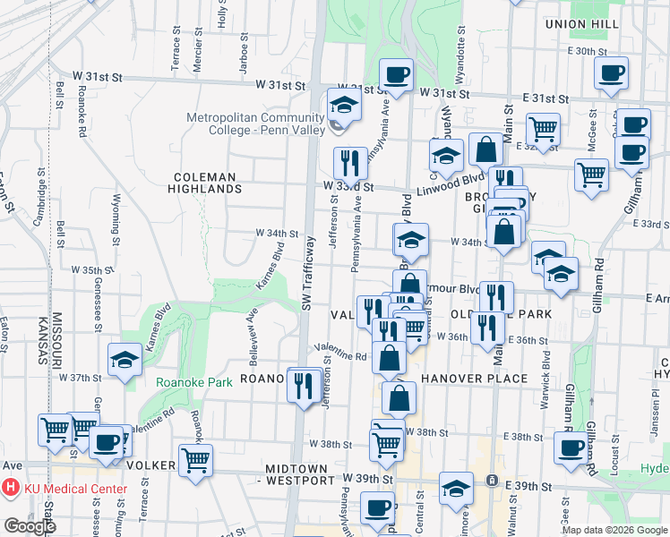 map of restaurants, bars, coffee shops, grocery stores, and more near 3500 Pennsylvania Avenue in Kansas City