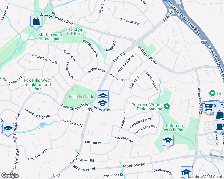 map of restaurants, bars, coffee shops, grocery stores, and more near 16 Orchard Way South in Rockville