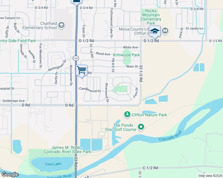 map of restaurants, bars, coffee shops, grocery stores, and more near Candlewood Dr in Clifton
