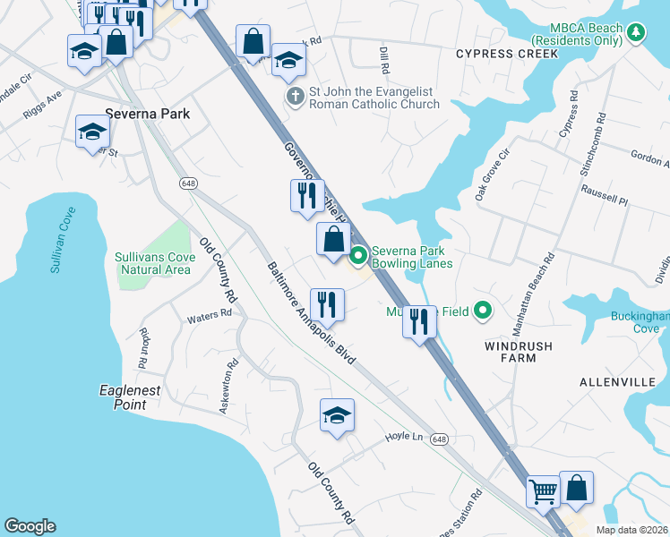 map of restaurants, bars, coffee shops, grocery stores, and more near 836 Ritchie Highway in Severna Park