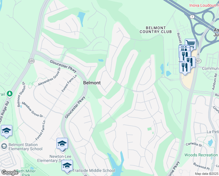 map of restaurants, bars, coffee shops, grocery stores, and more near 19924 Mizner Terrace in Ashburn