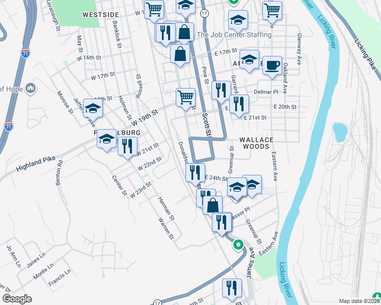 map of restaurants, bars, coffee shops, grocery stores, and more near 2231 Madison Avenue in Covington