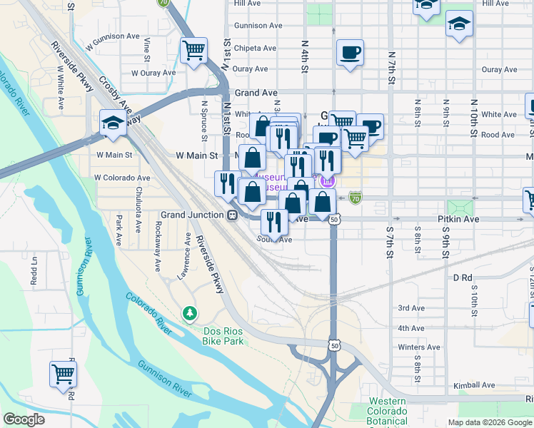 map of restaurants, bars, coffee shops, grocery stores, and more near 238-242 Interstate 70 Business Loop in Grand Junction