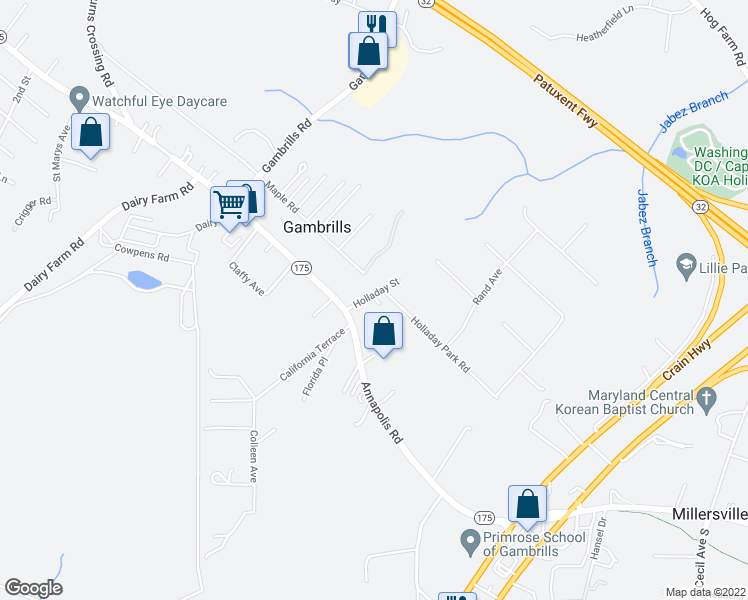 map of restaurants, bars, coffee shops, grocery stores, and more near 1791 Holladay Park Road in Gambrills