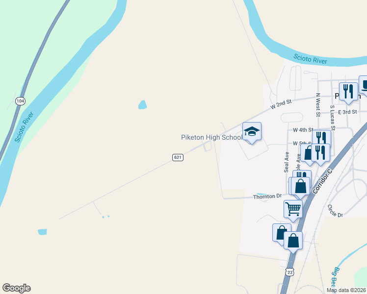 map of restaurants, bars, coffee shops, grocery stores, and more near 1149 Piketon Road in Piketon