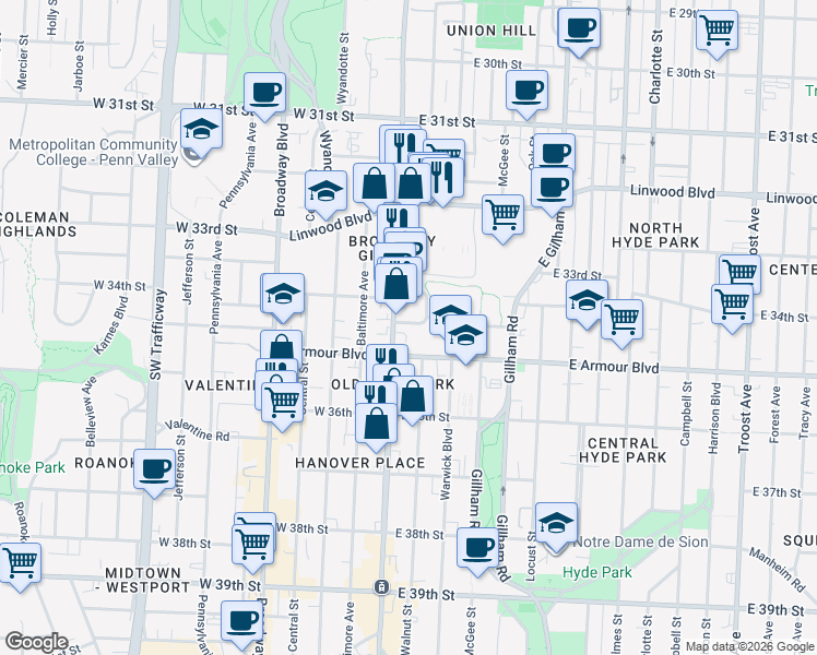 map of restaurants, bars, coffee shops, grocery stores, and more near 3435 Main Street in Kansas City