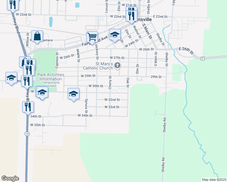 map of restaurants, bars, coffee shops, grocery stores, and more near 500 West 31st Street in Higginsville