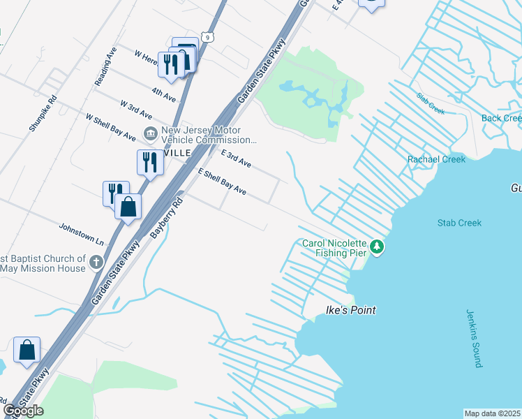 map of restaurants, bars, coffee shops, grocery stores, and more near 306 East 1st Avenue in Cape May County