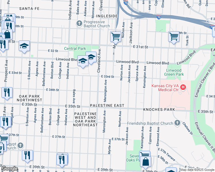 map of restaurants, bars, coffee shops, grocery stores, and more near 3329 Mersington Avenue in Kansas City