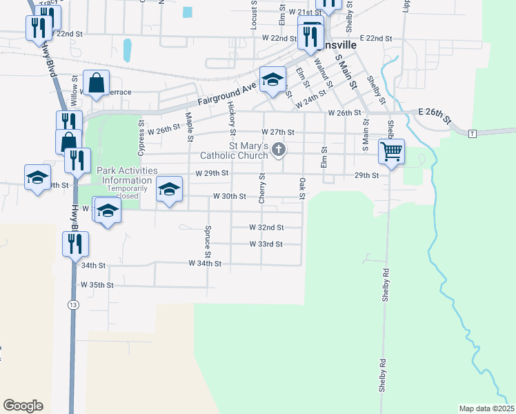 map of restaurants, bars, coffee shops, grocery stores, and more near 500 West 31st Street in Higginsville