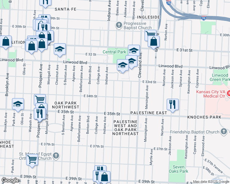 map of restaurants, bars, coffee shops, grocery stores, and more near 3335 Bales Avenue in Kansas City